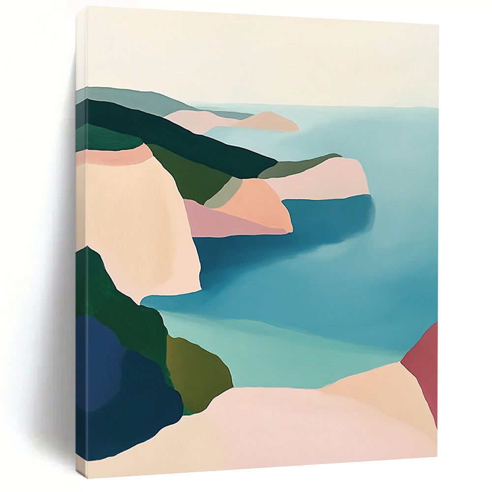Contemporary abstract artwork featuring a serene coastal landscape with pastel cliffs and a calm sea in soothing green blue and pink tones. DLZ1457