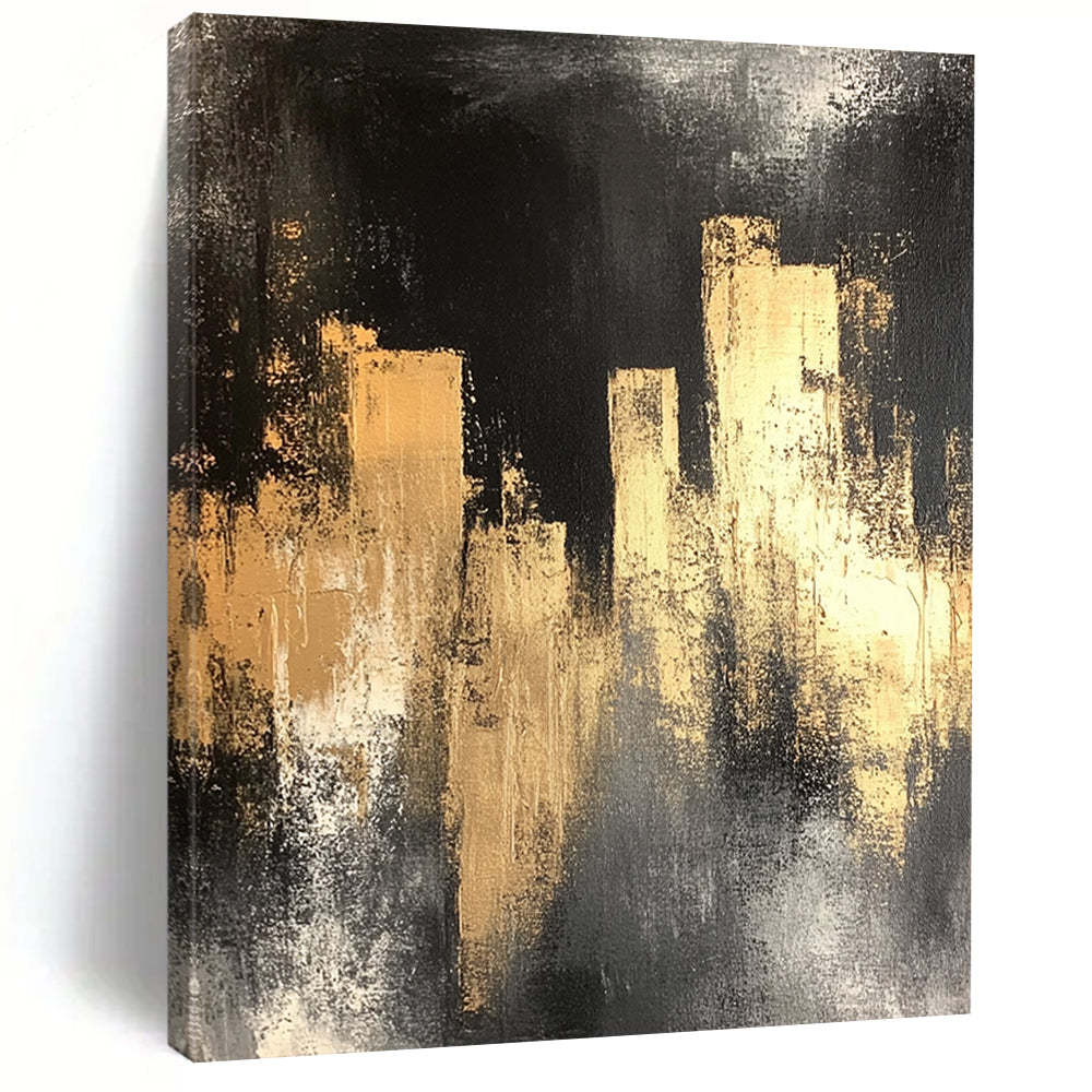 Contemporary hand-painted abstract art featuring a black silhouette of city lights with gold and silver hues on a distressed dark grey background. DLZ0901