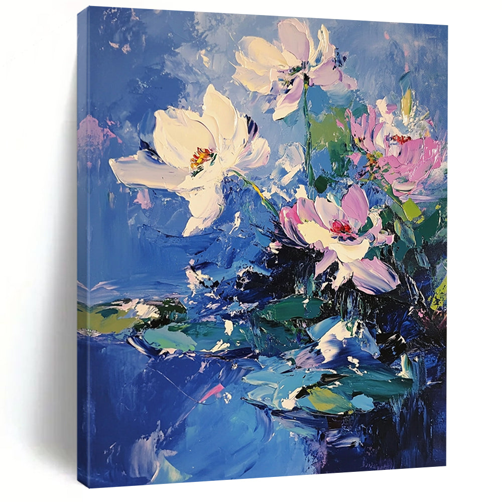 Contemporary abstract painting featuring bold brushstrokes and vibrant lotus flowers with pink accents on blue water, creating depth and movement through light and shadow. DLZ0377