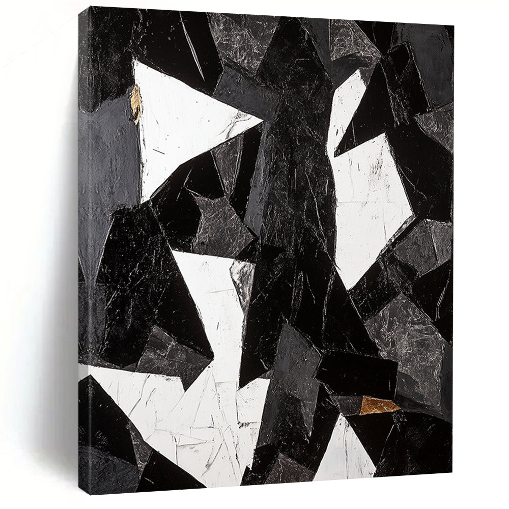 Black, White, Gray and Gold Abstract Shards "Broken Harmony" Painting On Canvas HB343