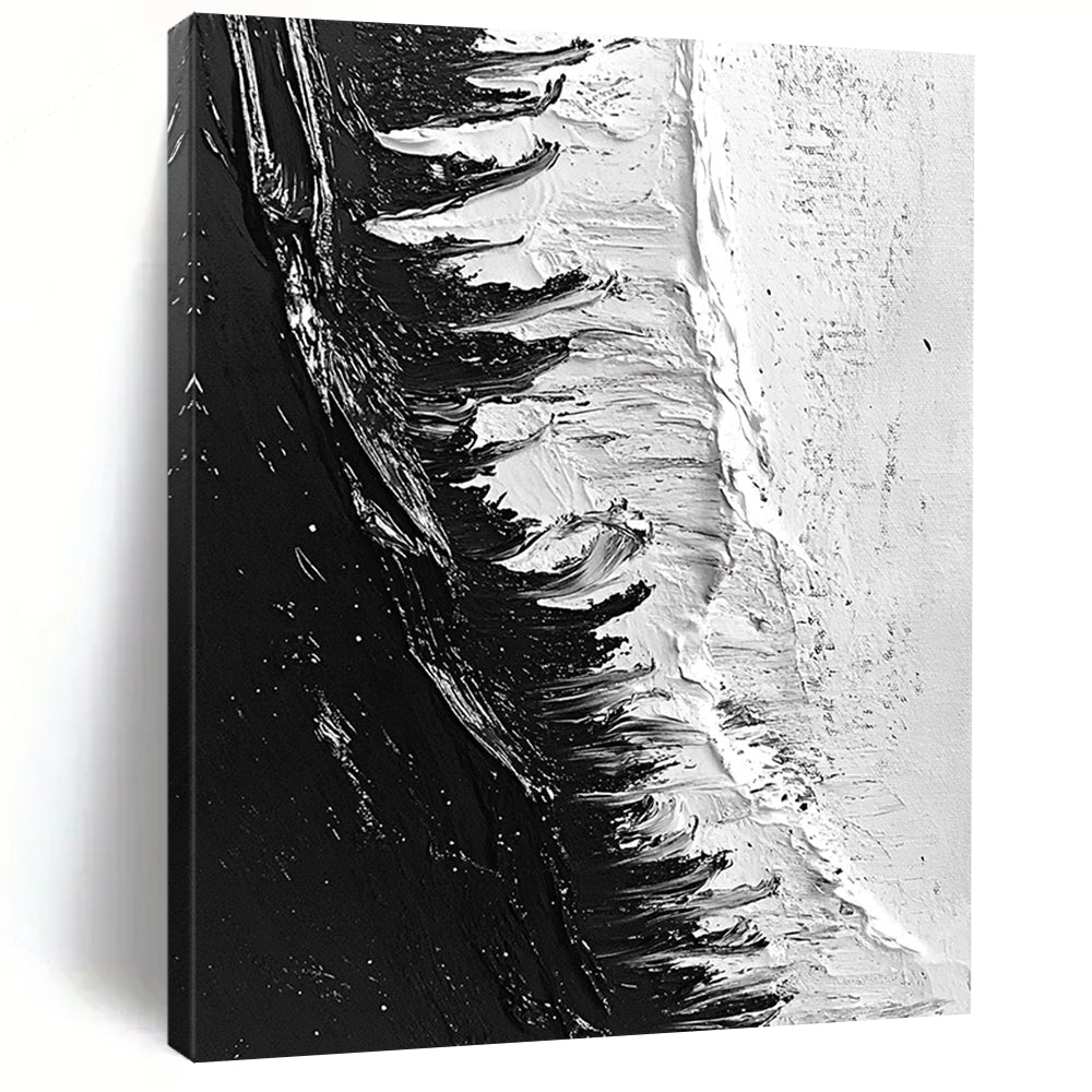 Contemporary abstract painting featuring dynamic black and white ice shelf with heavy brush strokes and a photorealistic oil finish. DLZ0307