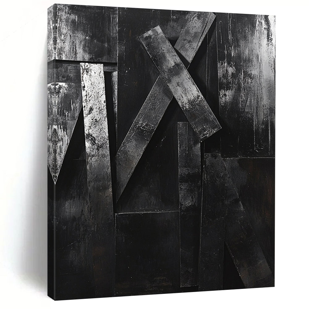 Textured Black Geometric Forms "Raw Structure" Painting On Canvas HB294