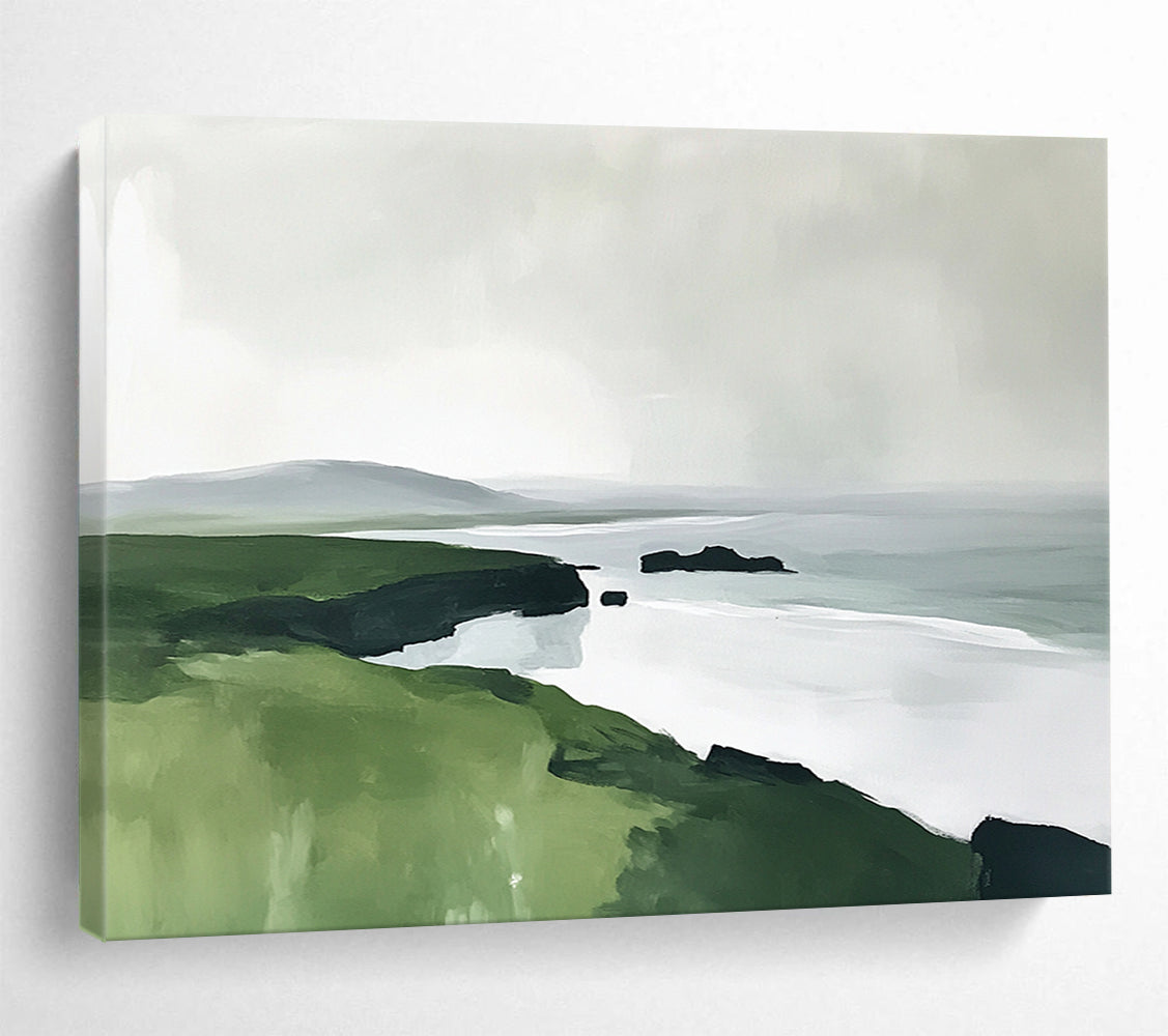 “Coastal Cliffs in Green & Gray” - Lush green, muted gray, white sea, Modern Landscape Painting On Canvas HB0611