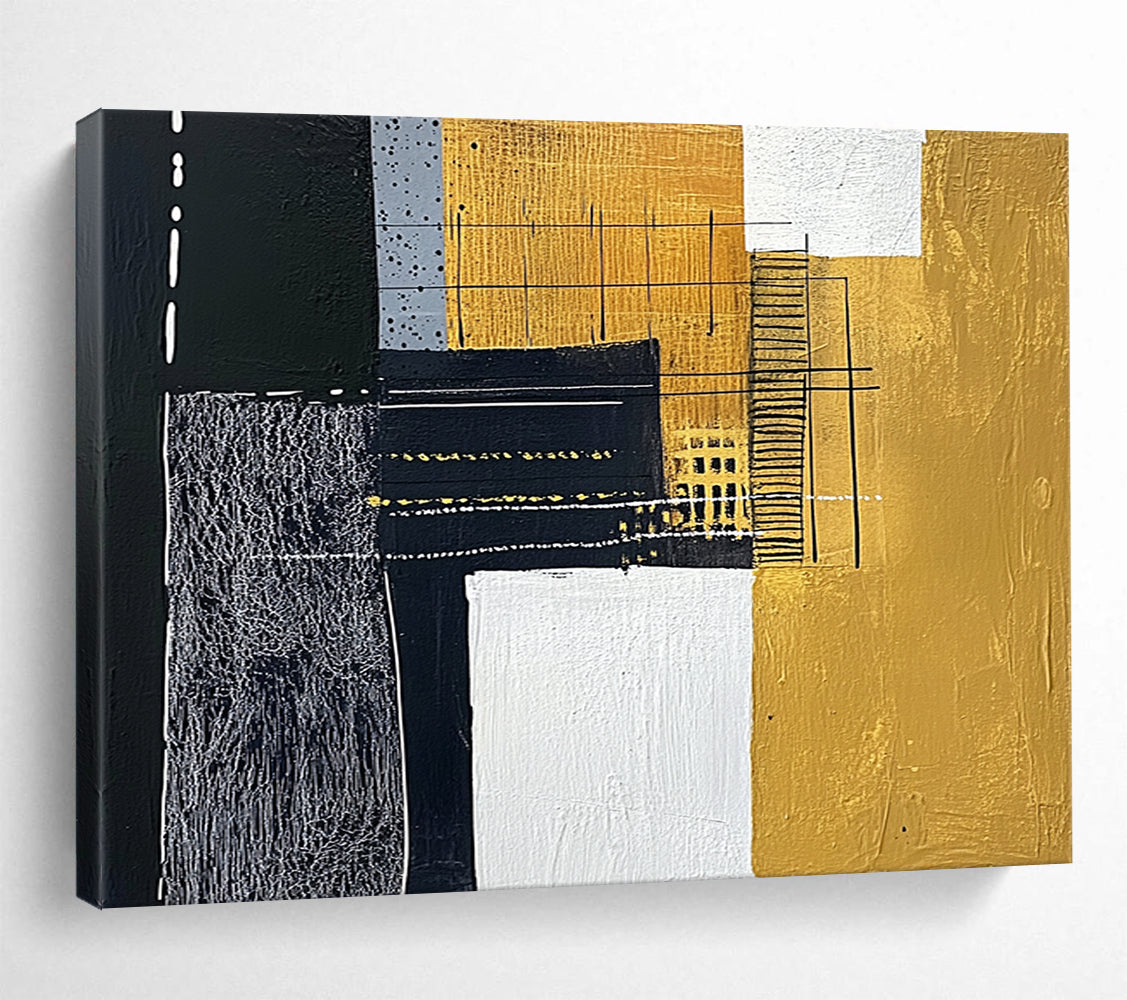 “Black Gold White Geometric Mix” - Black, gold, white, gray; Geometric abstract with mixed textures HB1292