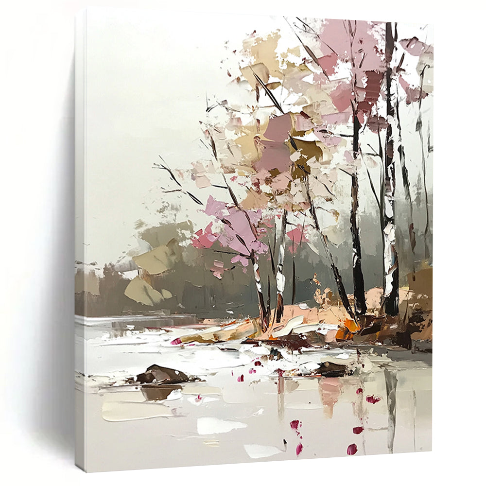 Contemporary abstract art features a soft palette knife technique with light pink and beige tones, showcasing trees by the river in a dreamy, blurred style. DLZ1113