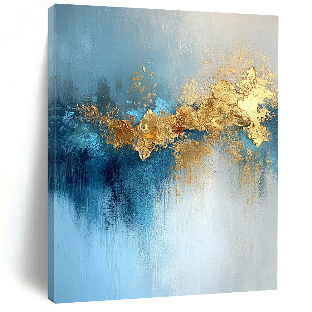 Contemporary hand-painted abstract artwork featuring gold leaf, soft light, blue tones, atmospheric clouds, and a mysterious shimmering texture. DLZ0336