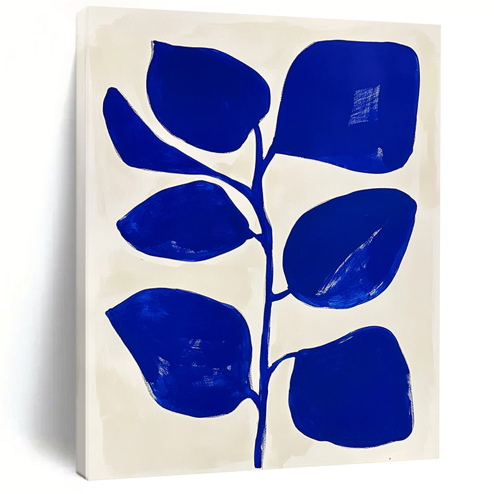 Contemporary hand-painted abstract artwork featuring a blue and white floral design with simple shapes and flat colors in Matisse style. DLZ1153