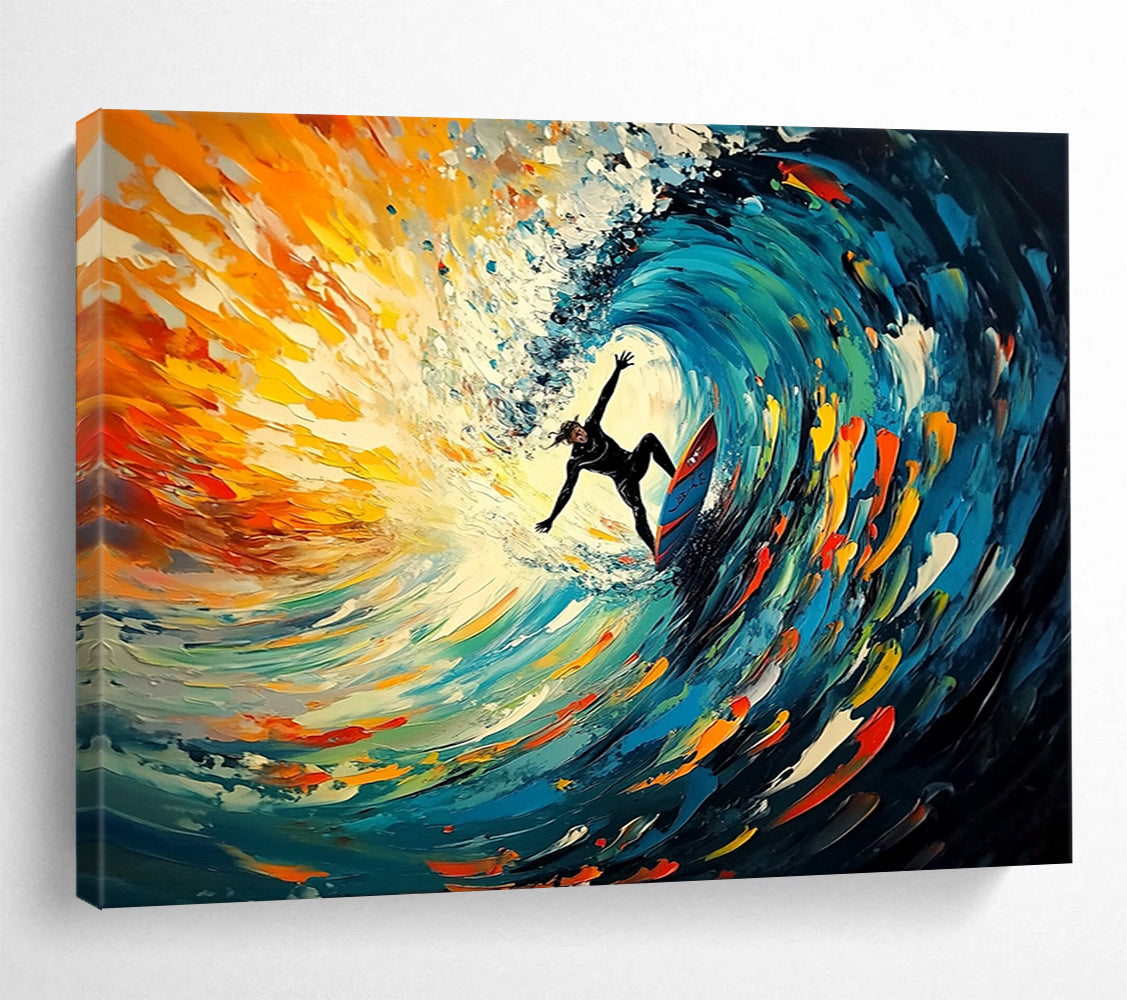 “Surfing The Color Wave” - Blue, Orange, Surfing Oil Painting On Canvas HB0722