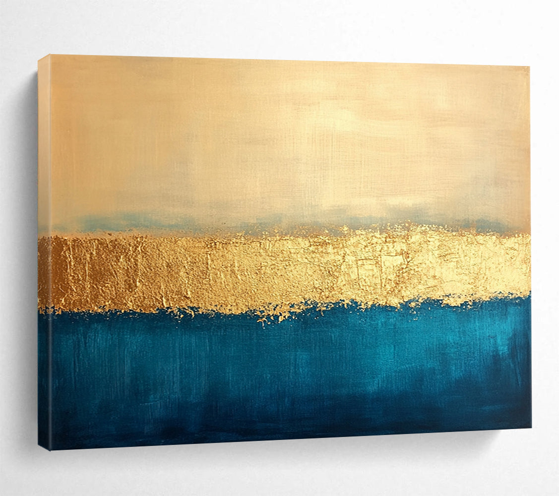“Gold and Blue Striped Abstract” - Gold, Blue, Horizontal Stripes, Minimalist Painting On Canvas HB0897