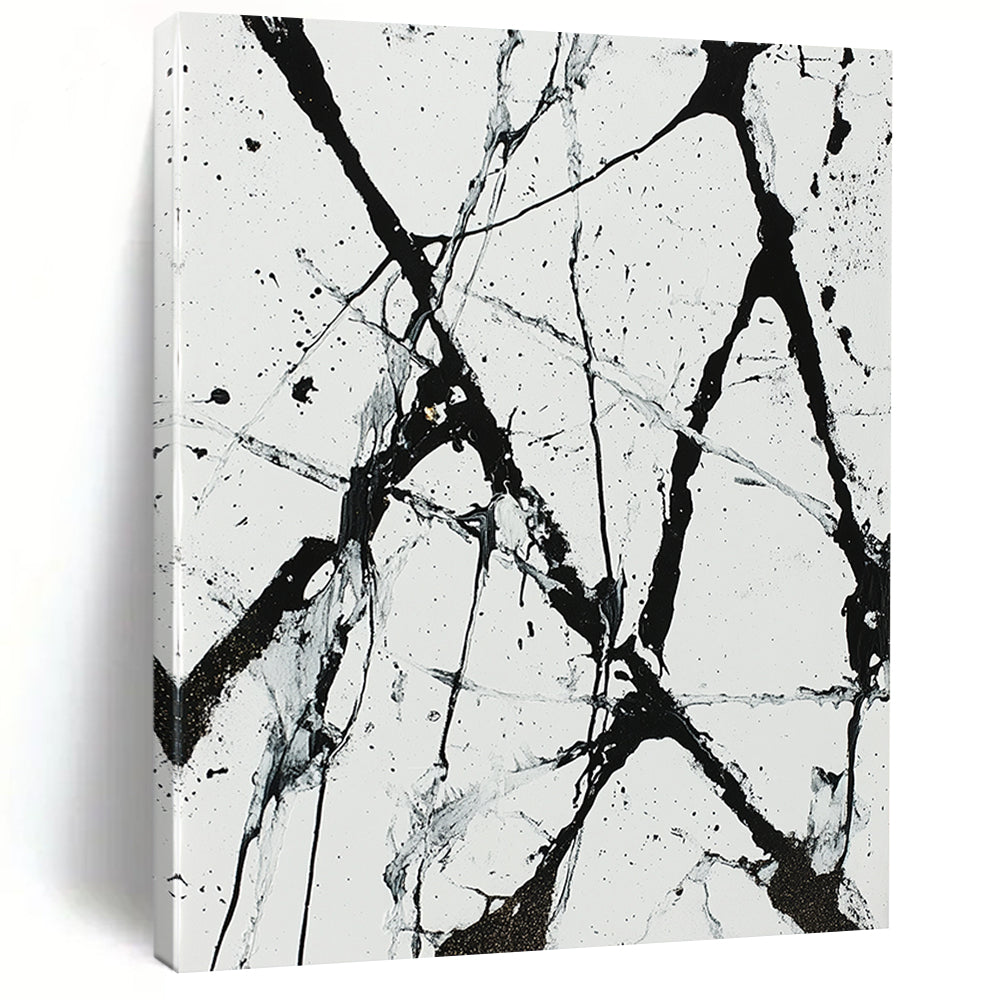 Black, White, Gray, Web - like Lines "Chaotic Web" Abstract Expressionist Painting On Canvas HB046