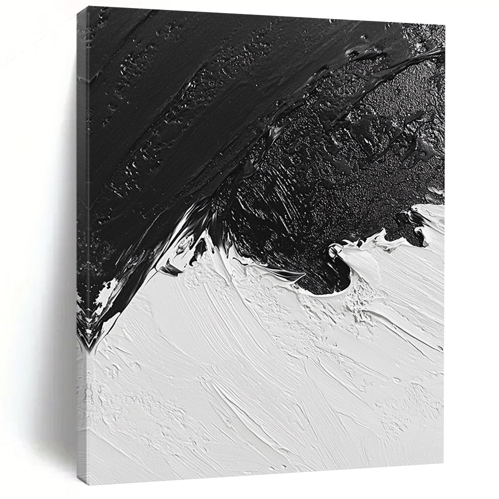 Contemporary abstract oil painting features a snowy landscape in black and white inspired by classic artistry, capturing a unique aerial perspective. DLZ0298