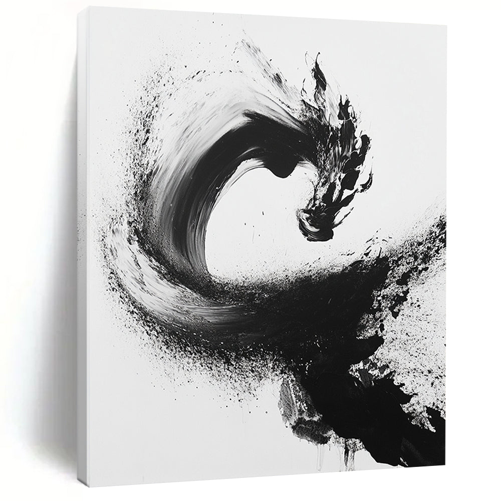 Black Curved Brushstroke with Splatter - “Flowing Enso Energy” Painting On Canvas HB245