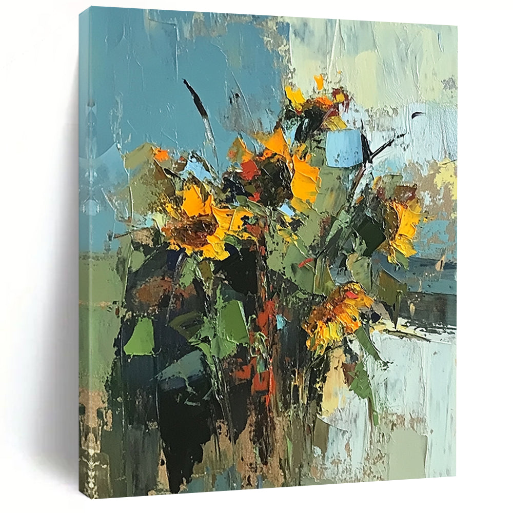 Contemporary palette knife sunflowers painting features vibrant colors on a white background, inspired by Peter Wileman's unique style and artistry. DLZ1127