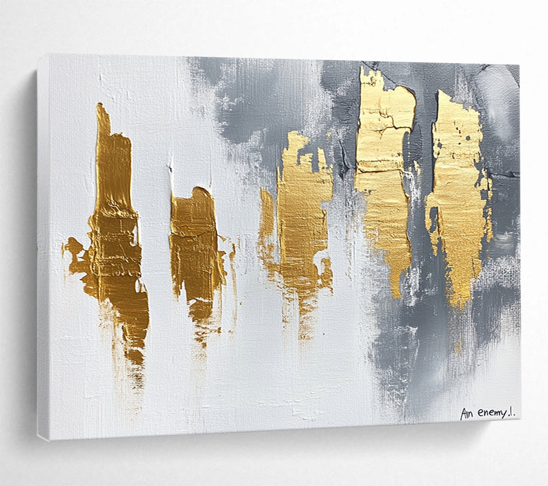 “Gray - Gold Strokes” - White, Gray, Gold with Bold Strokes - Abstract Acrylic Painting HB1339