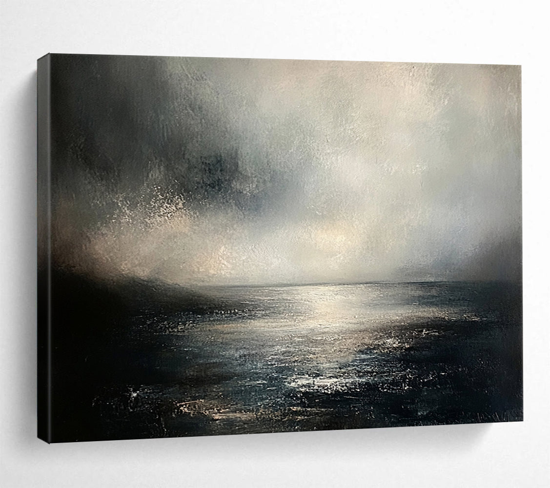 “Moody Sea Landscape” - Gray, Black, White, Atmospheric Seascape Painting On Canvas HB1001