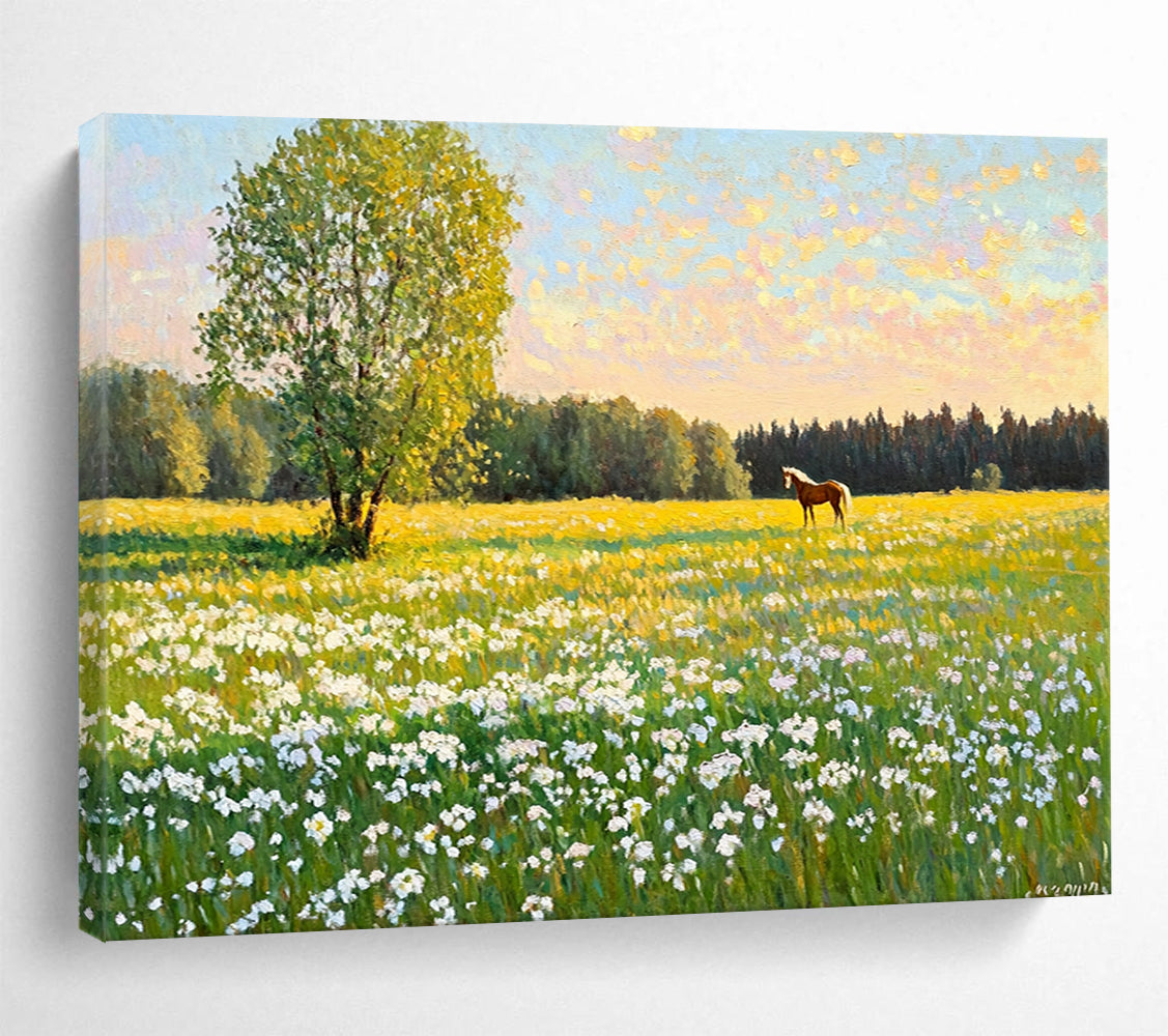 “Sunlit Field with Tree and Horse” - Bright Greens, Yellows, Blues, Field with Tree and Horse - Realist Oil Painting HB1688