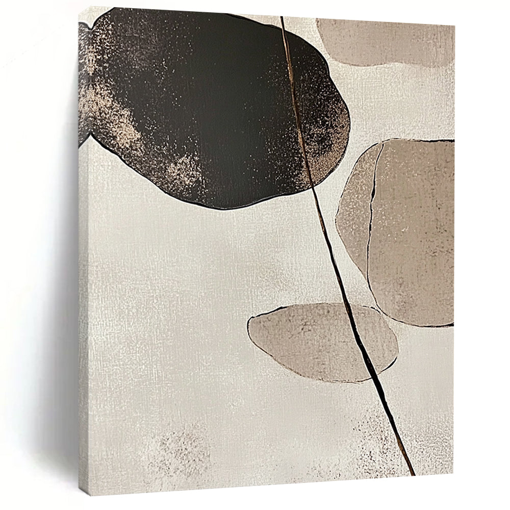 Large contemporary abstract art featuring minimalist Japandi design with stone and leaf forms in beige and neutral tones against a white background. DLZ1616