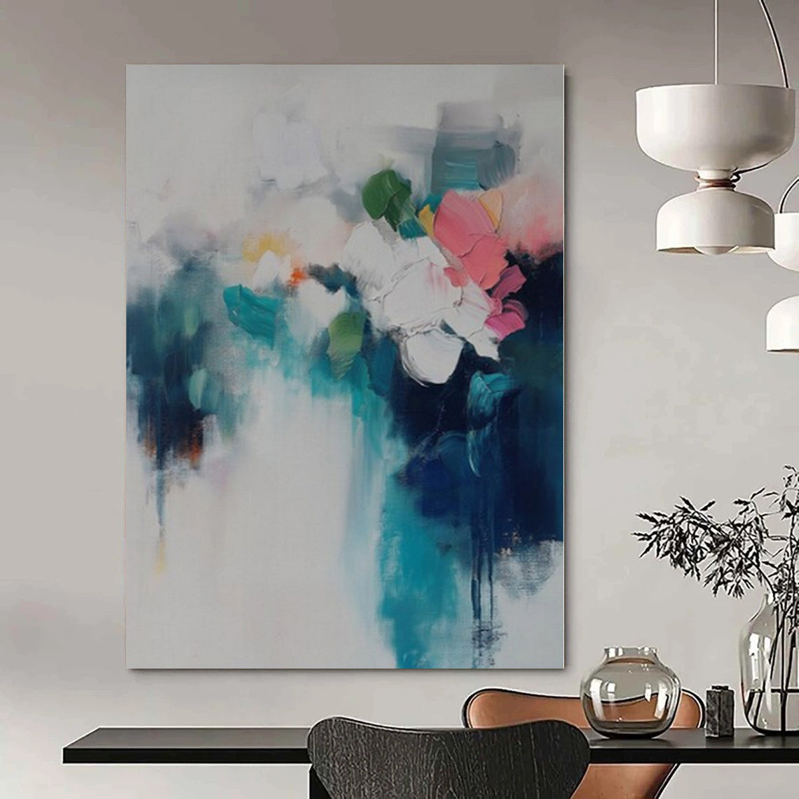 Large-Scale Hand-Painted Contemporary Abstract Canvas for Dining Room Above Sideboard Cabinets