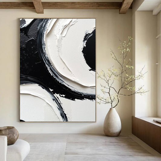 Contemporary abstract painting featuring monochrome black and white circles on a large canvas with meticulous brush strokes and high-resolution detail. DLZ0613