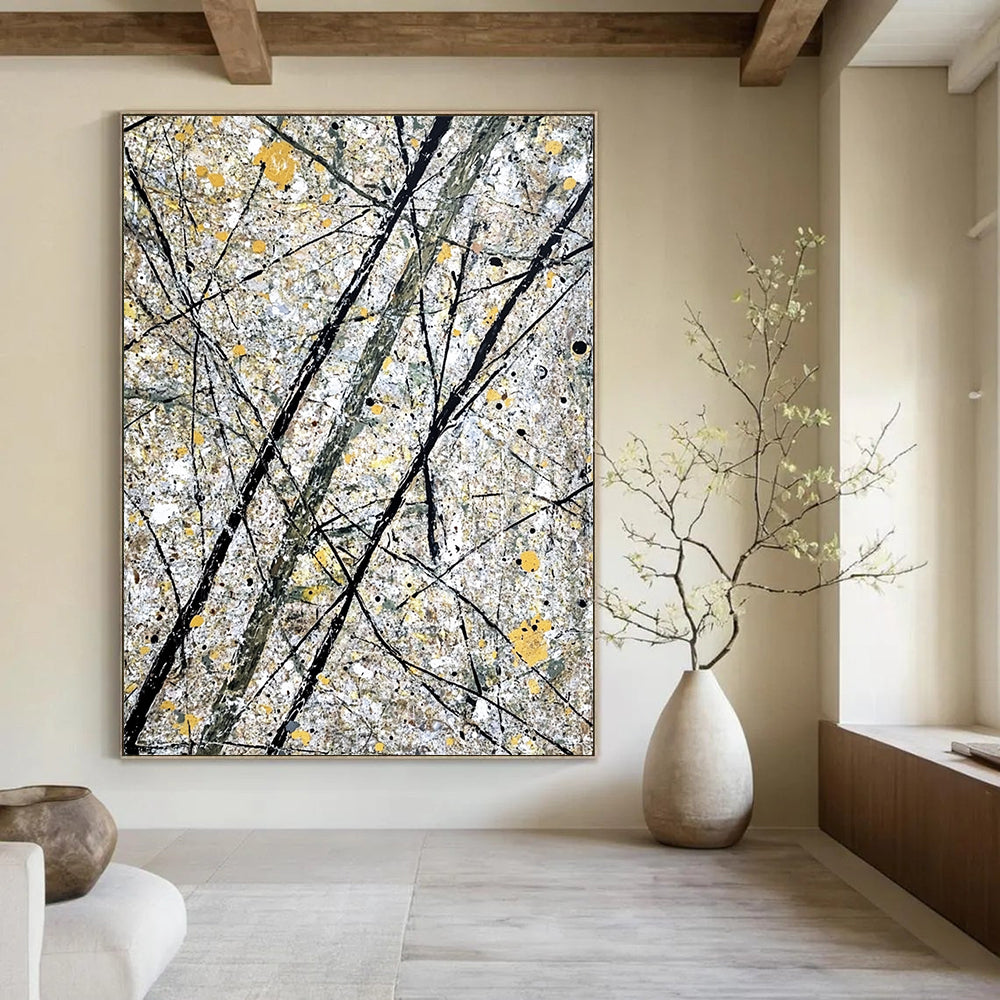 Large contemporary hand-painted abstract artwork features gray and yellow splashes alongside intricate black lines representing tree branches. DLZ1587