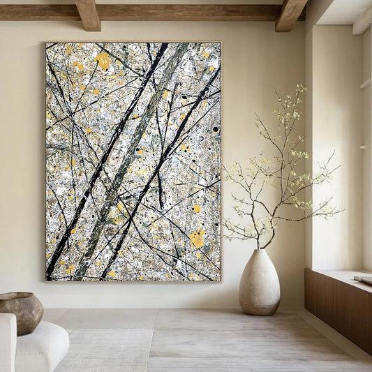 Large contemporary hand-painted abstract artwork features gray and yellow splashes alongside intricate black lines representing tree branches. DLZ1587