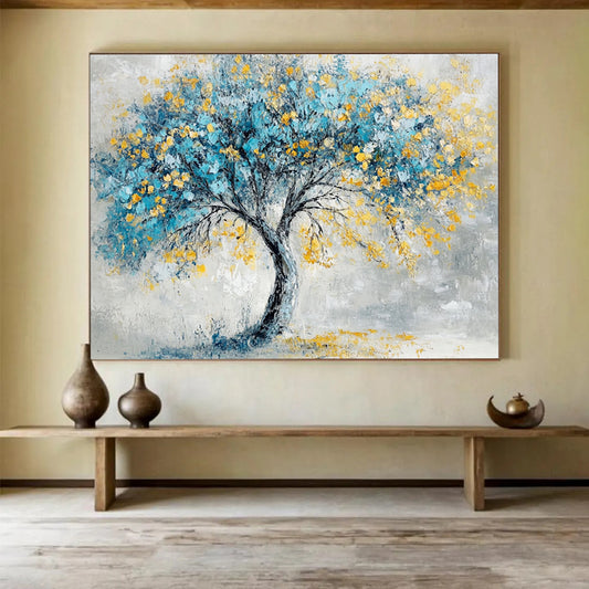 “Blue - Yellow Tree” - Gray background, blue foliage, yellow blossoms, Textured Tree Painting On Canvas HB0589