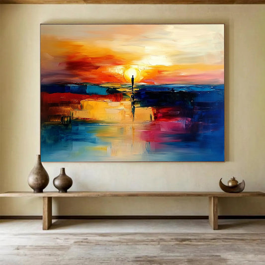 “Sunset Silhouette Reflection” - Orange, Red, Blue, Figure & Sunset Painting On Canvas HB0735