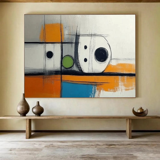 Black, White, Orange, Green and Blue Geometric Abstract "Minimalist Machinery" Painting On Canvas HB0416
