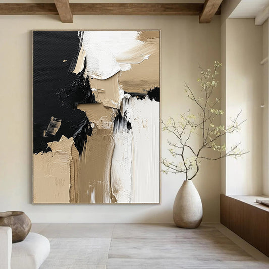 Contemporary hand-painted abstract artwork featuring a striking blend of black, white, and beige textures perfect for enhancing wall aesthetics. DLZ0321