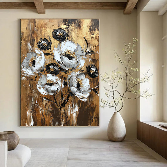 Contemporary hand-painted abstract art featuring a textured floral arrangement in white and gold on a brown canvas evokes vintage charm. DLZ1734