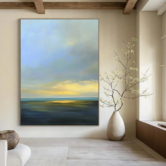 Contemporary abstract artwork featuring a serene sky with soft blues and grays, accented by light yellow highlights and distant clouds. DLZ0492