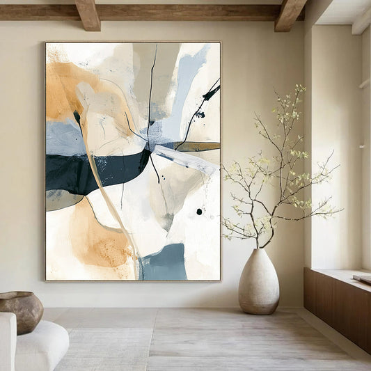 Contemporary hand-painted abstract artwork featuring soft lines and shapes in beige and gray with striking black splashes for a modern aesthetic. DLZ0285