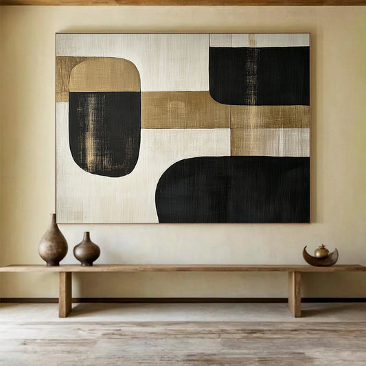 “Minimalist Gold - Black Shapes” - Gold, Black, Minimalist Abstract Painting On Canvas HB0782