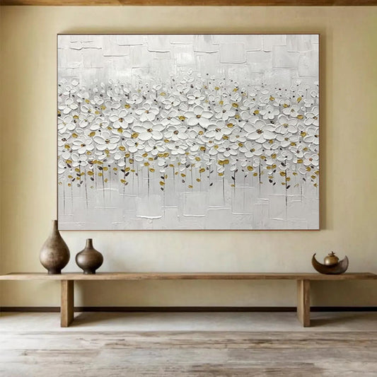 White Flower Field Textured Art - Serene Living Room or Nursery Decor DLZ214