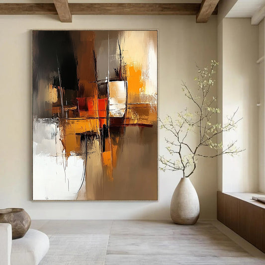 Contemporary abstract art features a warm brown and amber palette with smooth brush strokes and a minimalistic composition highlighted by a dynamic golden ratio design. DLZ0954
