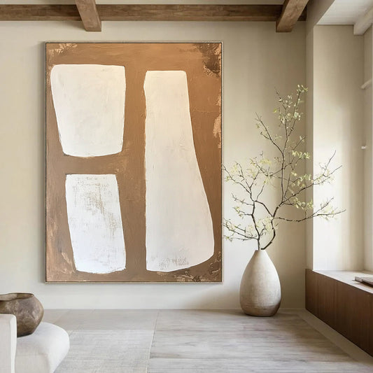 Contemporary large-scale abstract painting features soft edges with a minimalist style in brown and white tones showcasing visible brush strokes on wood panel. DLZ1749