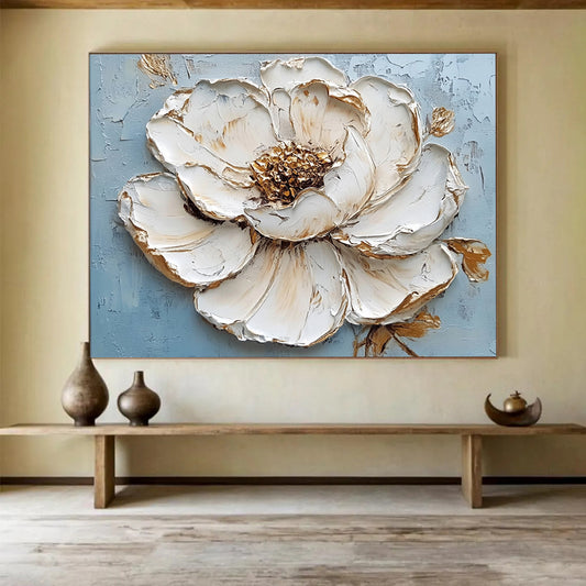 “Textured White Flower with Gold” - White petals, gold accents, blue background, 3D Floral Painting On Canvas HB0598