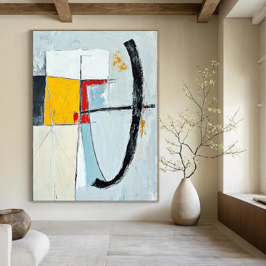 Contemporary abstract painting featuring bold brushstrokes in gray blue yellow and white with a striking red line and unique shapes on a white background. DLZ0637