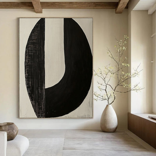 Contemporary large abstract painting featuring two minimalist axe-shaped forms in striking black and white tones for a bold artistic statement. DLZ1548