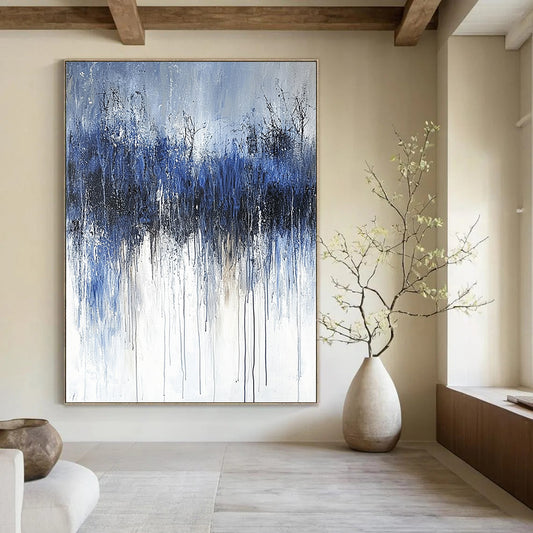 Contemporary abstract painting featuring thick brushstrokes and a cold palette of dark gray and navy blue, evoking feelings of sadness and solitude. DLZ0666