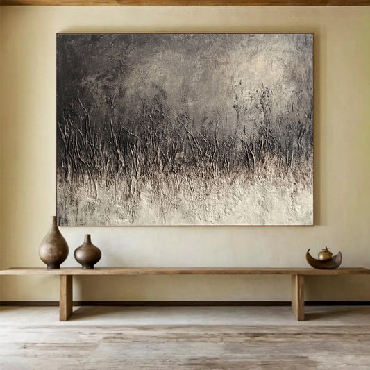 “Textured Gray Field” - Dark gray texture, grass - like forms, Textural Abstract Painting On Canvas HB0557