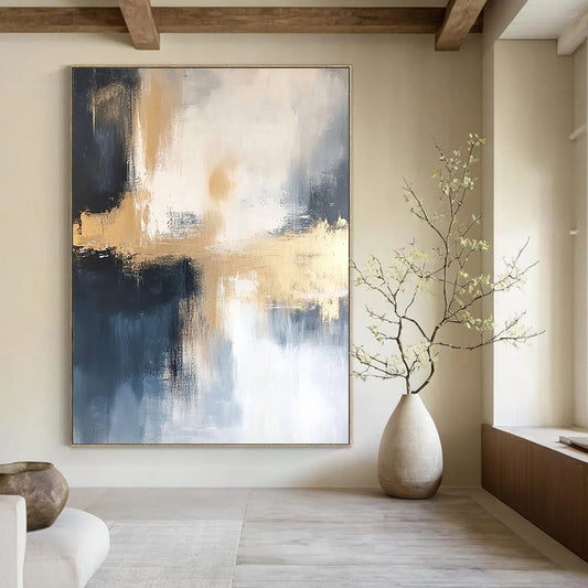 Contemporary hand-painted abstract art featuring gold, white, blue, black, and gray tones on a soft white background, perfect for modern decor. DLZ0436