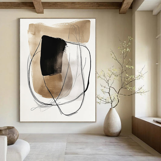 Modernist abstract art featuring watercolor and ink wash with earthy tones and minimalist shapes on a beige background for a unique aesthetic. DLZ1726