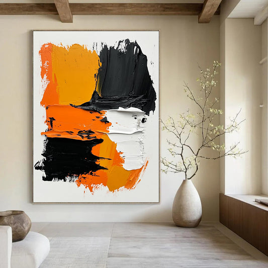 Contemporary hand-painted abstract artwork featuring bold black and orange strokes on a white background with a vibrant color palette and minimalistic composition. DLZ1558