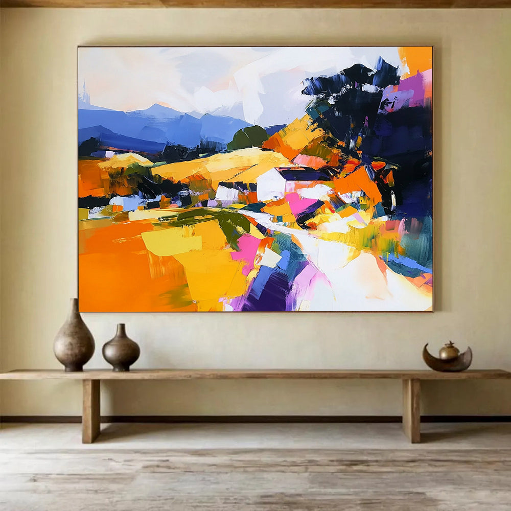 “Colorful Abstract Village” - Orange, Yellow, Pink, Purple, Abstract Village Landscape Painting On Canvas HB1115
