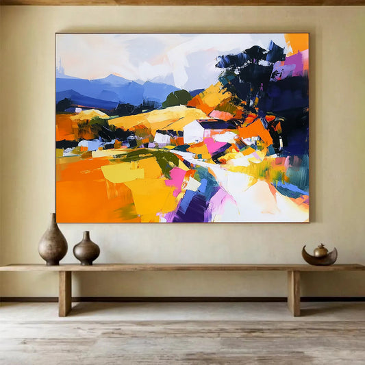 “Colorful Abstract Village” - Orange, Yellow, Pink, Purple, Abstract Village Landscape Painting On Canvas HB1115