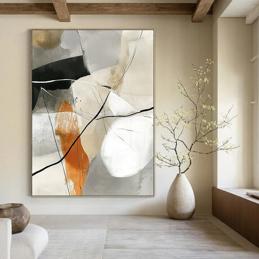 Large contemporary hand-painted abstract artwork featuring white lines and black ink on a grey background with neutral tones of beige olive green rust orange and warm gray-brown. DLZ0265