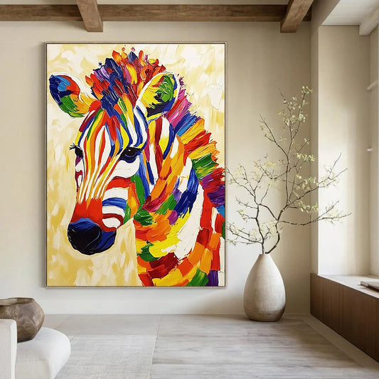 Vibrant contemporary abstract painting featuring a textured zebra on a beige background radiating cheerful energy and bold colors. DLZ1401