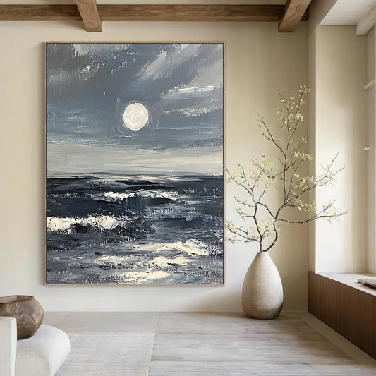 Large contemporary abstract artwork featuring a minimalist moonrise over a stormy ocean in gray and white with thick impasto brush strokes. DLZ1110
