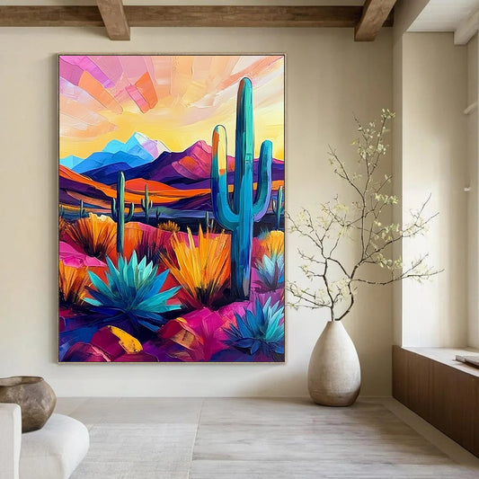 Vibrant modern abstract painting showcasing the Arizona desert with cacti and mountains in bold pink, blue, purple, yellow, and orange hues. DLZ1124